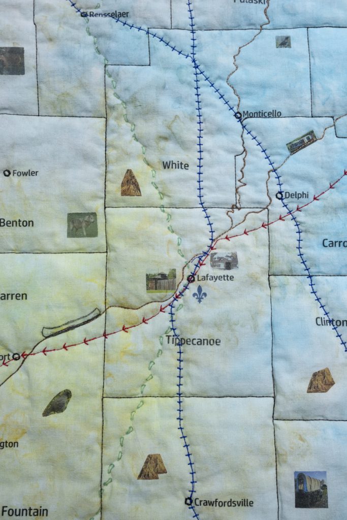 Detail of the Lafayette area, Monon Railroad, and Native American reservation boundary on the Indiana Bicentennial Quilt