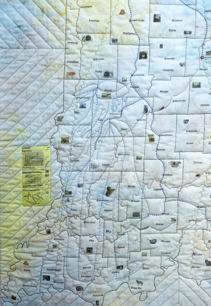 Detail of south-central Indiana, including the Native American figure, on the Indiana Bicentennial Quilt