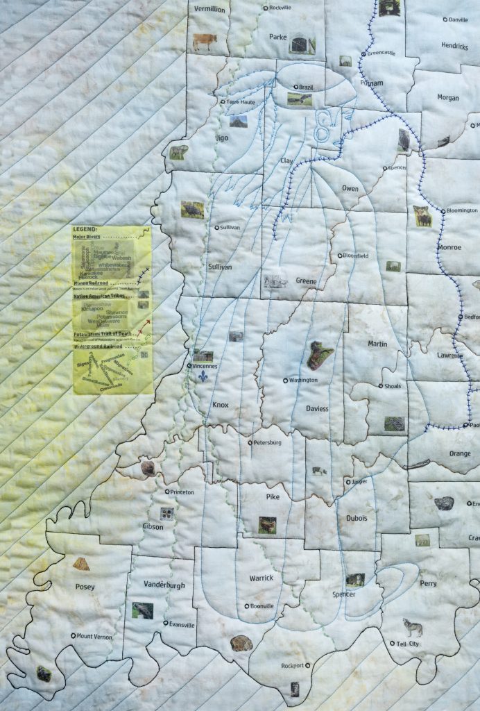 Detail of southwestern Indiana, including Vincennes and the Potawatomi Trail of Death, on the Indiana Bicentennial Quilt